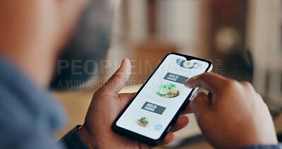 Buy stock photo Food, delivery and business man with phone for order, takeout and mobile app service in office. Website, menu and person on smartphone screen with option for lunch, dinner or meal on break at night