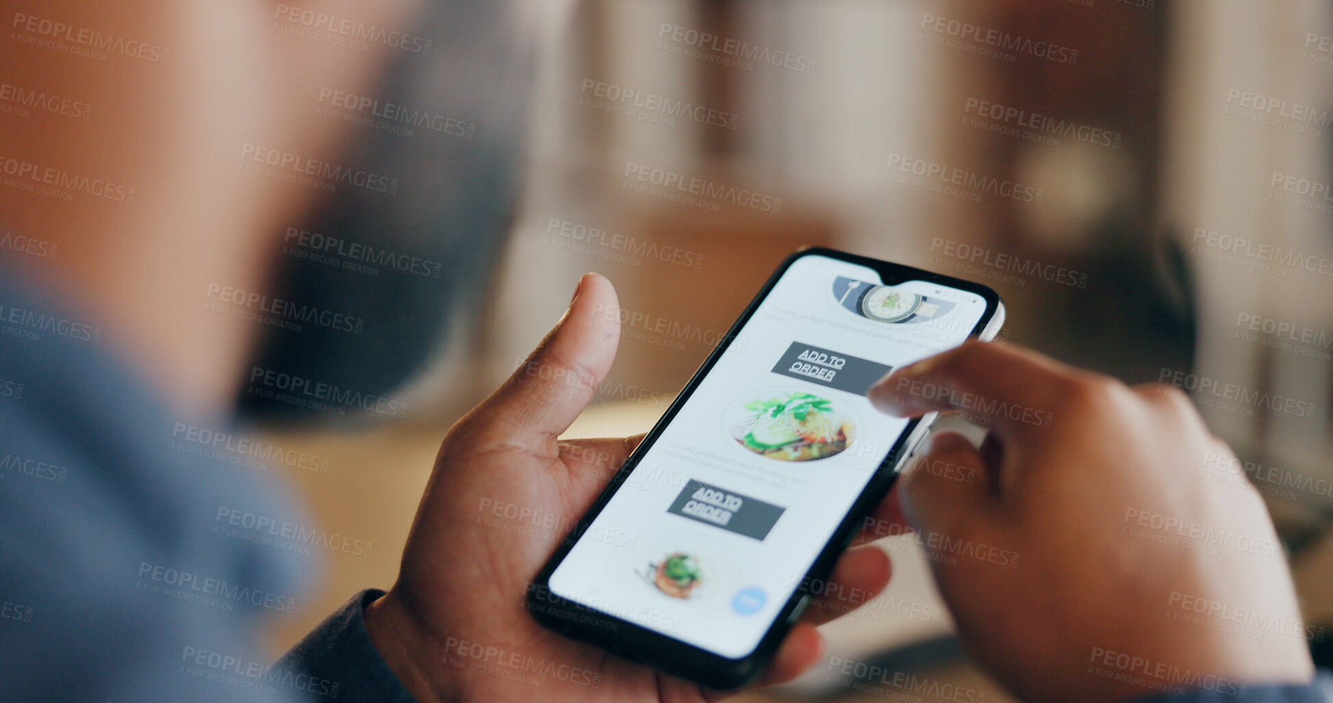 Buy stock photo Food, delivery and business man with phone for order, takeout and mobile app service in office. Website, menu and person on smartphone screen with option for lunch, dinner or meal on break at night