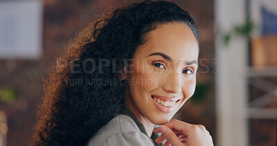 Buy stock photo Remote work, woman and happy in home office for portrait, opportunity and pride for career growth. Girl, smile or confident in apartment for business, industry development or job security in Colombia