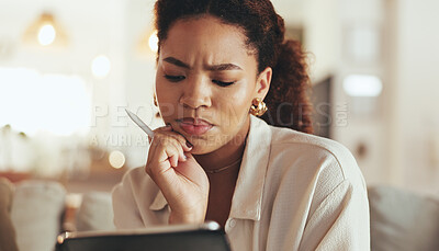 Buy stock photo Woman, confused and thinking with tablet in home for freelance newsletter and doubt for story development. Remote work, writer and question blog post review with editing, creative process and insight