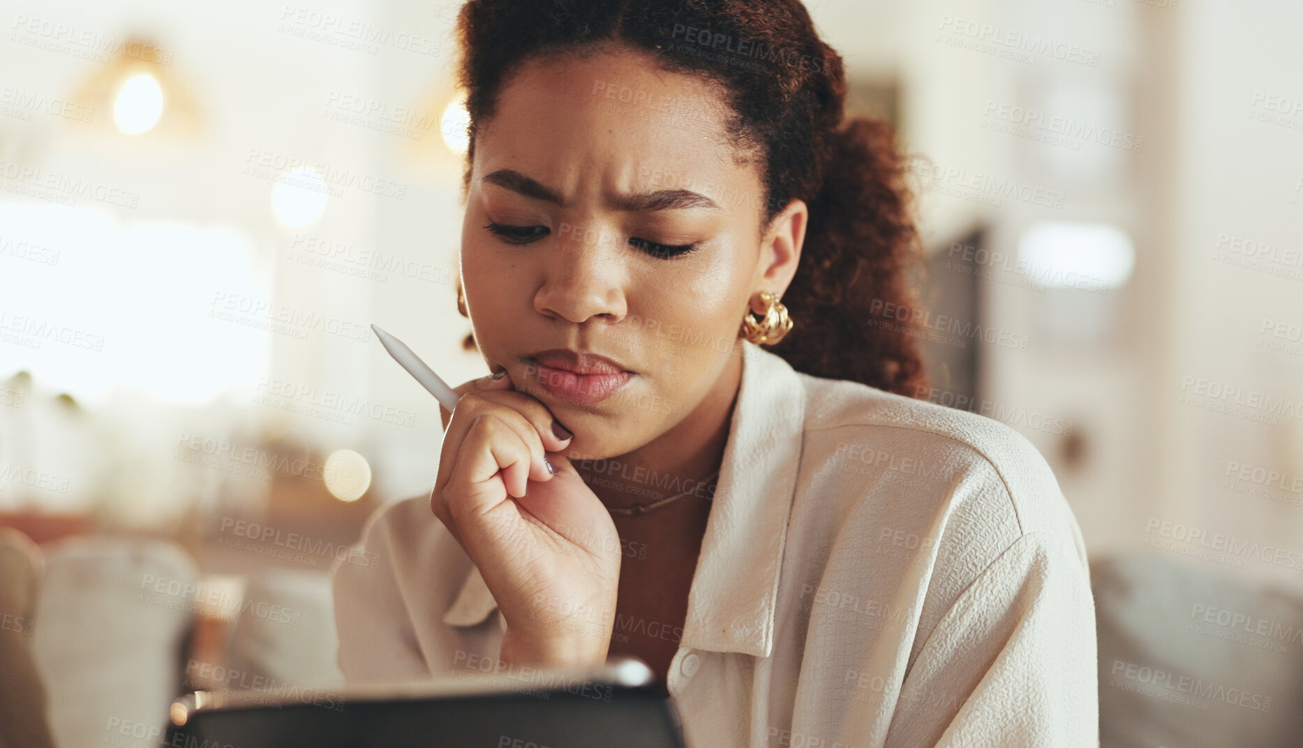 Buy stock photo Woman, confused and thinking with tablet in home for freelance newsletter and doubt for story development. Remote work, writer and question blog post review with editing, creative process and insight