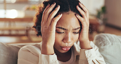 Buy stock photo African, woman and stress with depression at house for financial news, headache and anxiety challenge of debt. Girl, breathing and thinking of trauma memory, mental health fear and bankruptcy crisis