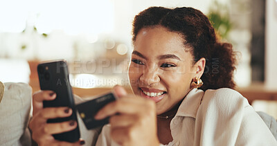 Buy stock photo Online shopping, credit card and happy woman with phone for payment, digital banking or discount. Mobile, sofa or African girl with money for financial transaction, savings or ecommerce order in home