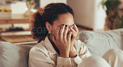 Buy stock photo African, girl and stress with depression at house for financial news, headache and anxiety challenge of debt. Woman, crying and conflict with trauma memory, mental health fear and bankruptcy crisis