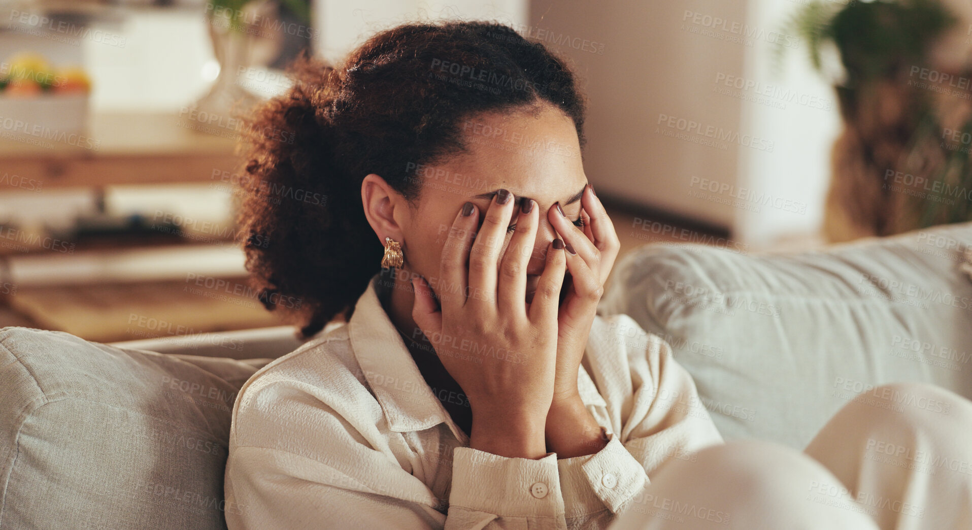 Buy stock photo African, girl and stress with depression at house for financial news, headache and anxiety challenge of debt. Woman, crying and conflict with trauma memory, mental health fear and bankruptcy crisis