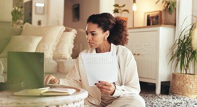 Buy stock photo Documents, laptop and remote work with business woman on living room floor of home for budget. Finance, investment and planning with African employee in apartment for accounting or wealth management