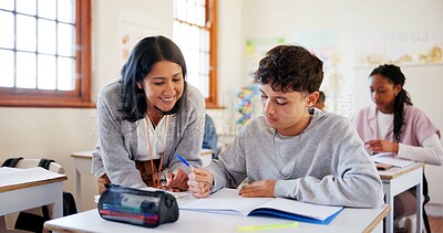 Buy stock photo Happy teacher, student and teenager with book for question, help or assistance at school. Young, boy or educator with learner for exam, test or studying in classroom for open assessment or assignment