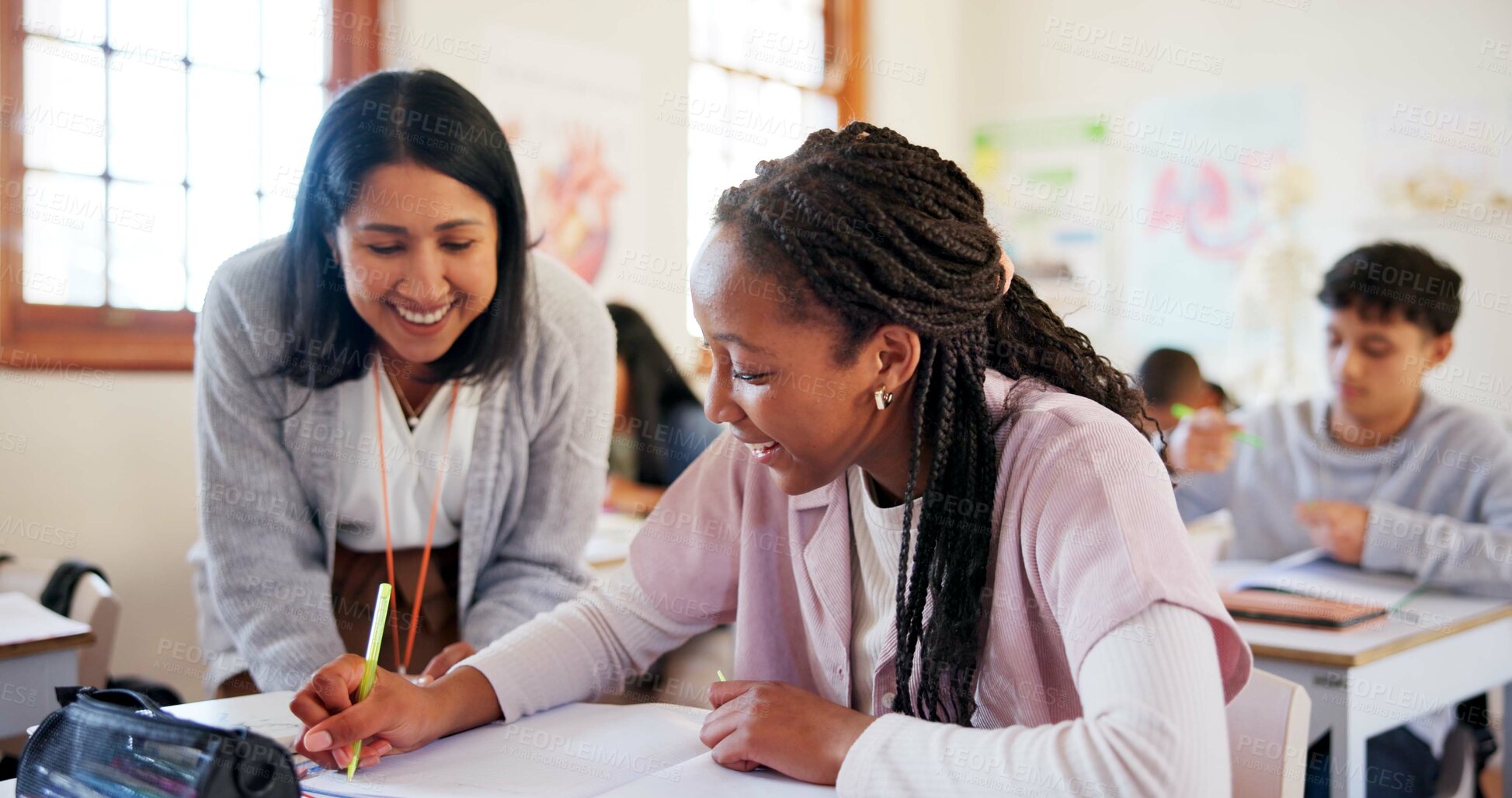 Buy stock photo Happy teacher, student or girl with book for moderation, help or support and assistance at school. Young, female person or educator with learner or teenager for exam, test or classroom assessment