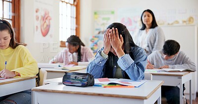 Buy stock photo Frustrated girl, student and exam with stress for evaluation, test or classroom assesment at school. Young, female person or teenager with migraine, anxiety or nerves for bad results or assignment