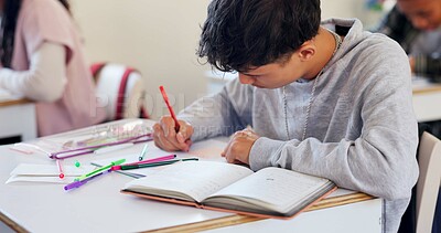 Buy stock photo Writing, book and student in classroom for learning chemistry with notes for exam, test or project. Education, teenager and boy in lesson for studying science at school academy with scholarship.