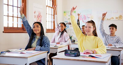 Buy stock photo Happy children, students or hands raised with question in classroom for interaction, learning or education at school. Young, group or learners with smile or answer for engagement, quiz or development