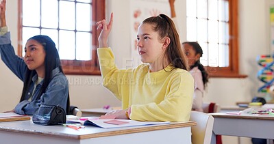 Buy stock photo Teenagers, students and hands raised with question in classroom for interaction, learning or education at school. Young, group or learners with answer or faq for engagement, quiz or youth development