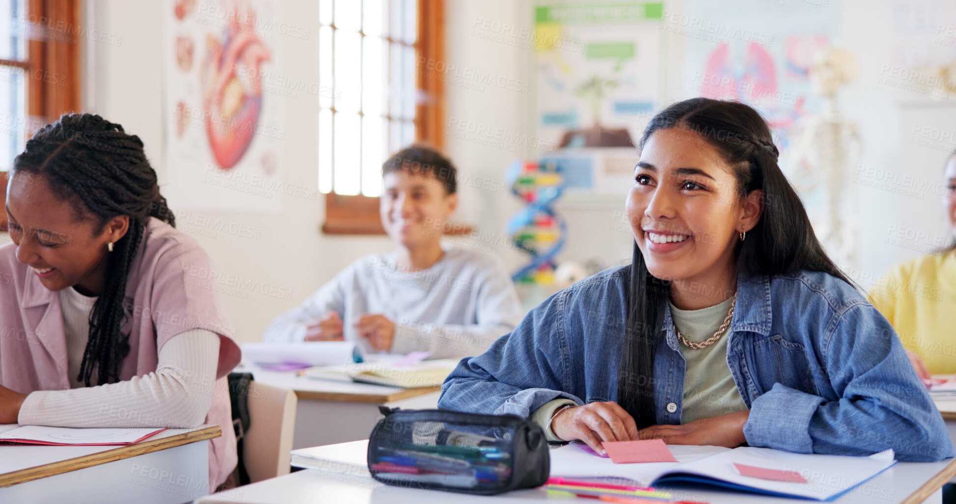 Buy stock photo Education, happy and students at school for class, fun lesson and positive reinforcement. People, laugh or biology lecture in classroom for knowledge, growth and development with information for exam