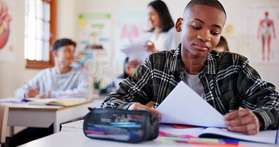 Buy stock photo Sad child, student or test with stress for bad result, feedback or exam in classroom at school. Young, kid or disappointed teenager with paper or document for mistake, failure or academic examination