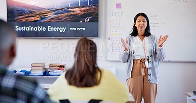 Buy stock photo Education, sustainability and lecture with teacher in classroom for learning, scholarship and energy. Environment,  global warming and future with people at school for course, development and academy