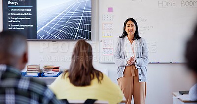 Buy stock photo Learning, sustainability and lecture with teacher in classroom for education, scholarship and energy. Environment, global warming and future with people at school for course, development and academy