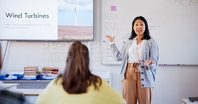 Buy stock photo Learning, wind turbine and lecture with teacher in classroom for education, sustainability and energy. Environment, global warming and future with people at school for course, development and academy