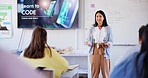 Education, teacher and students with presentation in classroom for introduction to coding and learning. Woman, kids and happy with lesson, studying and software course for knowledge and scholarship