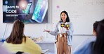 Education, coding and lecture with teacher in classroom for learning, scholarship or tech bootcamp. Robotics, Ai development and future with people at STEM school for course,  programming or academy
