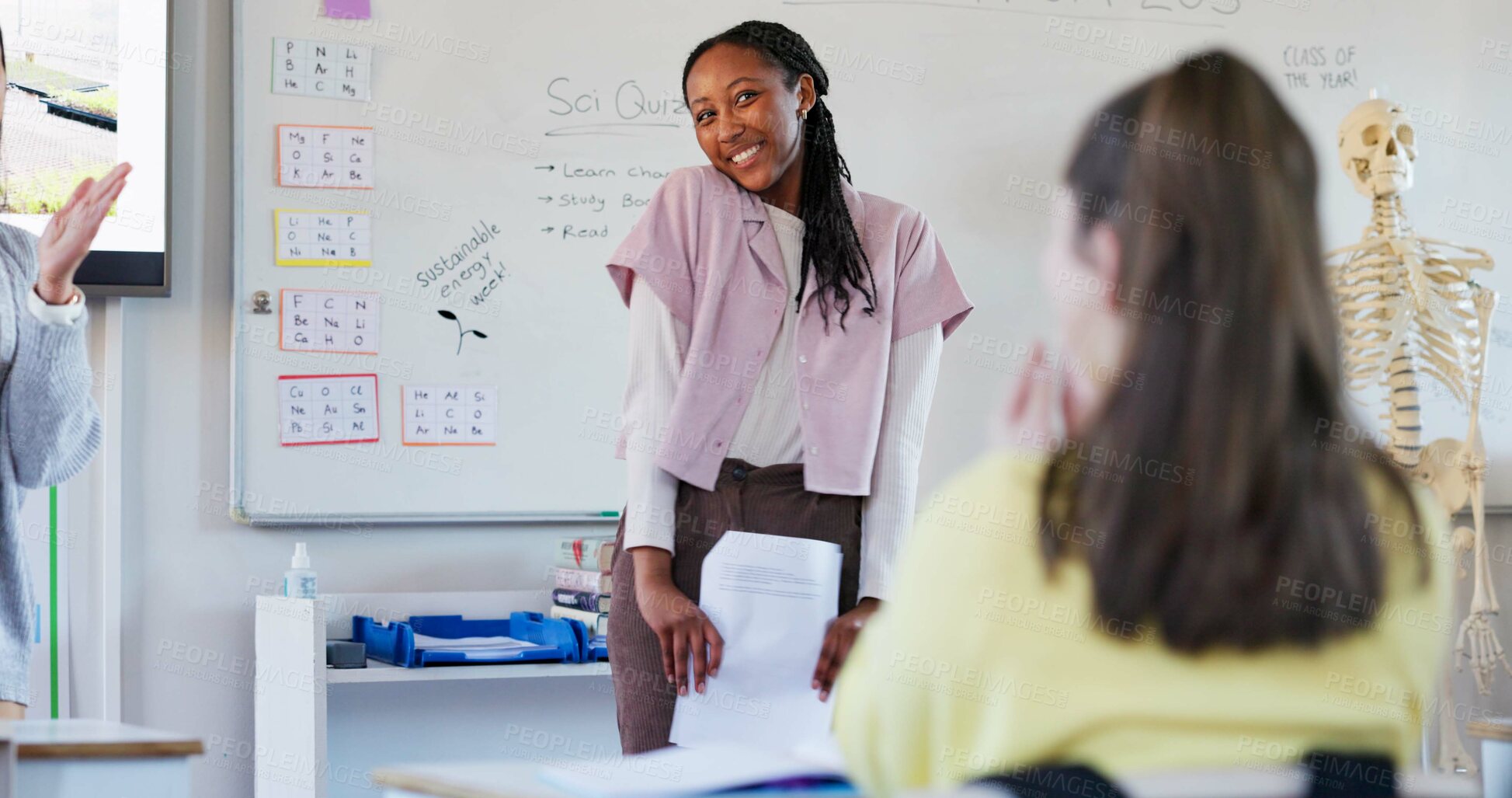 Buy stock photo Education, presentation and lecture with girl in classroom for learning, scholarship and anatomy. Biology, knowledge and future with people at STEM school for information, development and academy