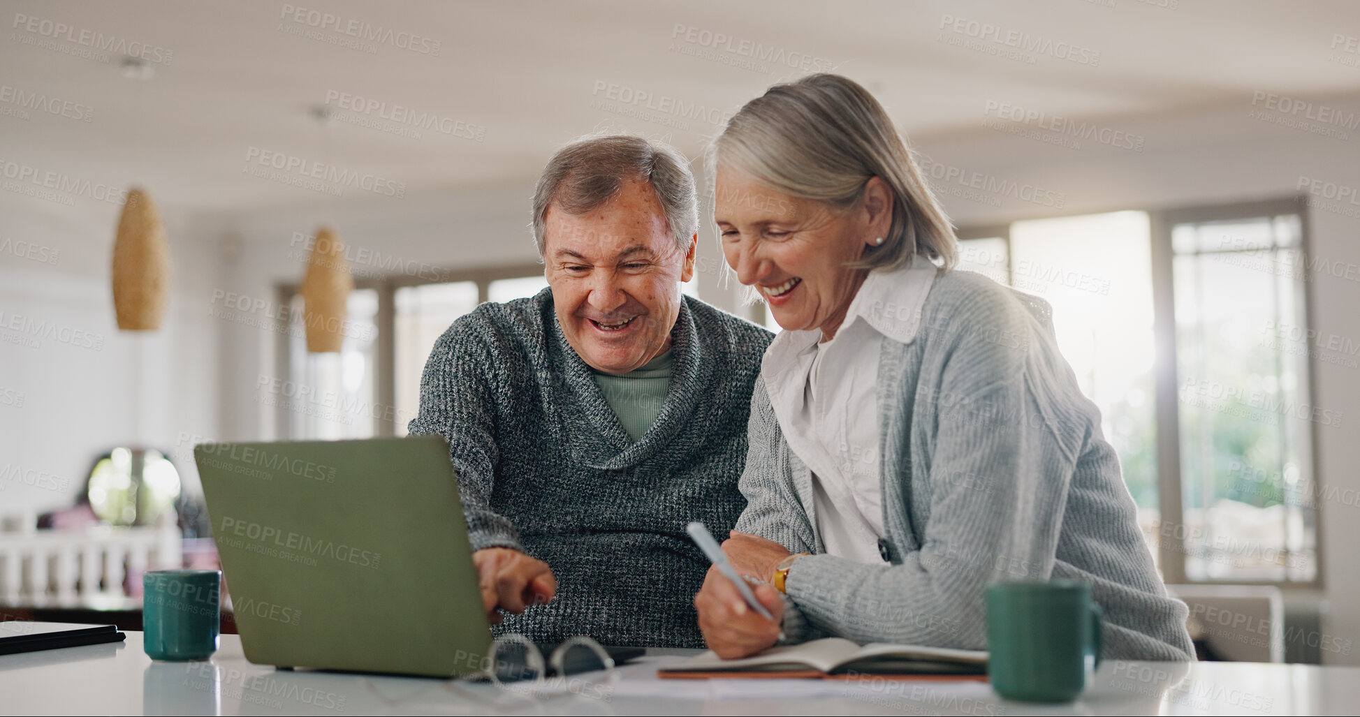 Buy stock photo Senior man, woman and laptop with paperwork, writing and happy with profit, investment and retirement. Elderly people, couple and computer with documents for pension, review and financial freedom