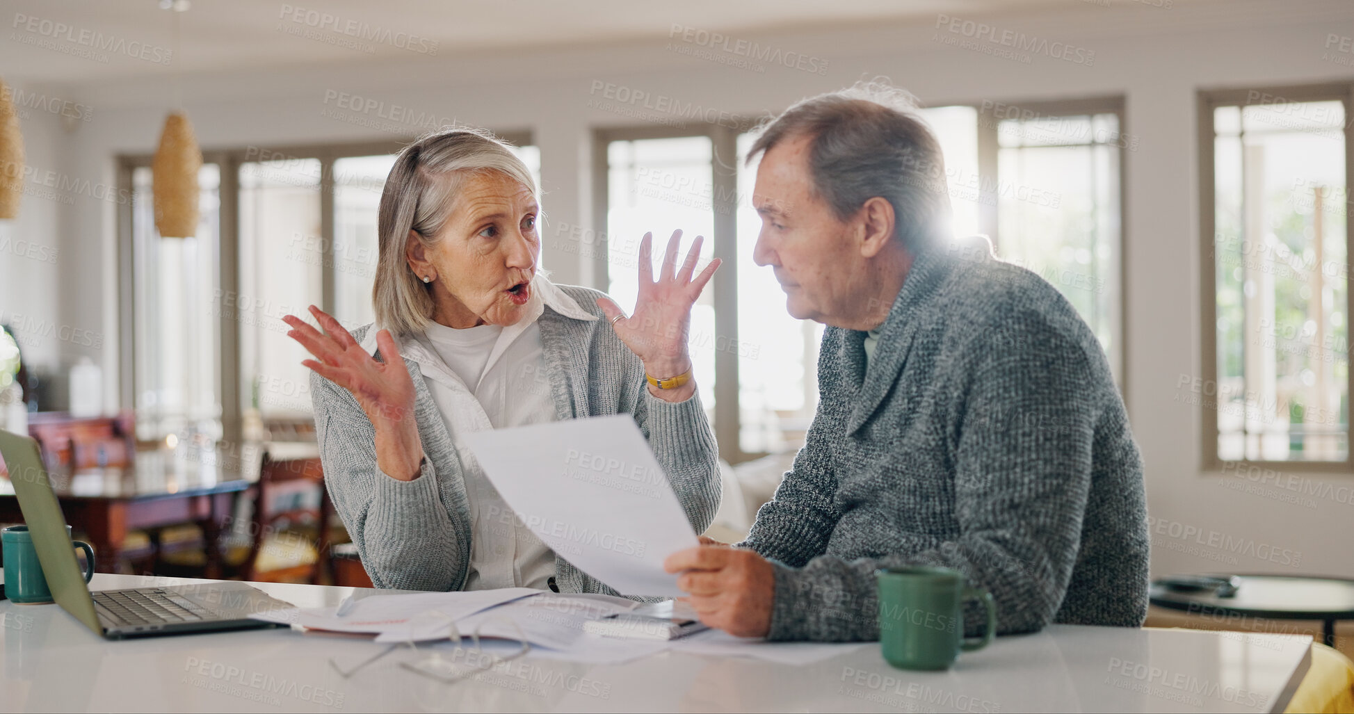 Buy stock photo Documents, argument and senior couple with stress for insurance, budgeting and financial crisis. Elderly people, fight and frustrated with paperwork for retirement, healthcare debt or pension at home