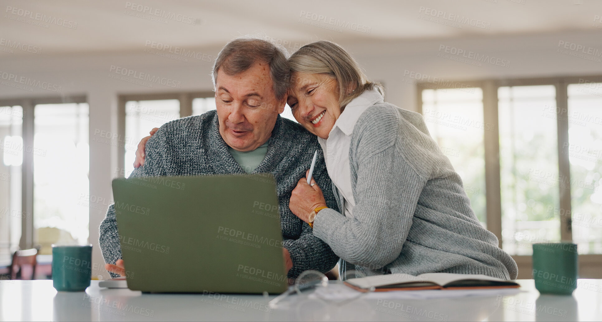 Buy stock photo Senior couple, happy and laptop with paperwork, writing and hug with profit, investment and retirement. Elderly man, woman and computer with documents for pension, review and financial freedom