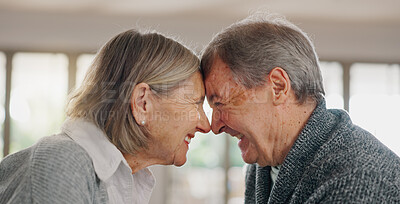 Buy stock photo Happy, love and senior couple in home for bonding, romance and marriage with support and hug. Quality time, smile and elderly man and woman in retirement embracing for connection and care at house.