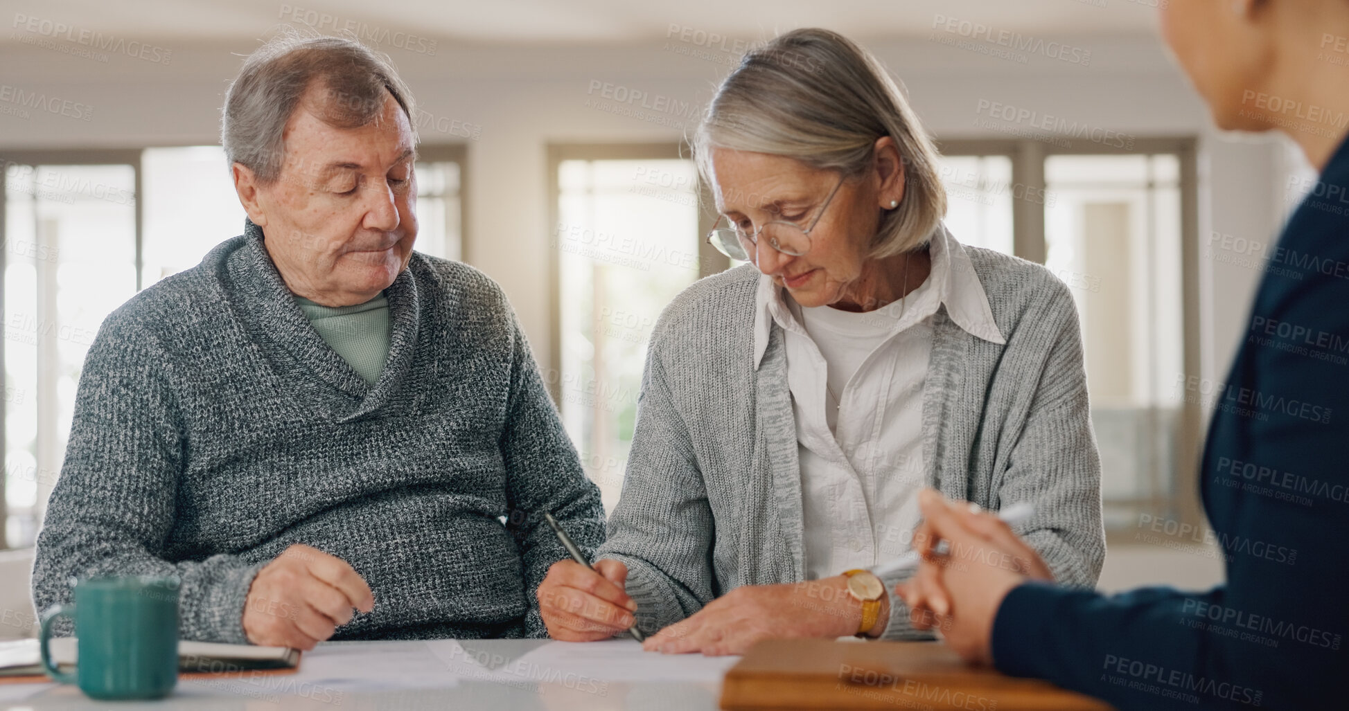 Buy stock photo Signature, documents and senior couple with financial advisor for retirement annuity saving account. Discussion, finance paperwork and elderly man and woman with investment banker for pension growth.