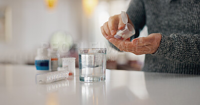 Buy stock photo Old man, hands and pill jar in home, arthritis treatment and water for antibiotics or drugs. Male person, prescription and pharmaceutical organizer on table, tablets and medication for joint pain