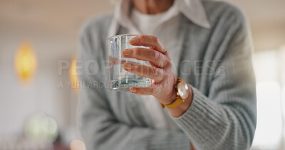 Buy stock photo Senior woman, hands and water in home, refreshing liquid and living room for mineral nutrition. Female person, glass and morning drink for hydration, vitamin fluid and natural detox in retirement