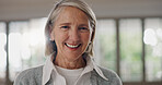 Portrait, house and senior woman with smile, retirement and cheerful with confidence in living room. Nursery home, pensioner and elderly person with pride, happiness and calm with weekend break