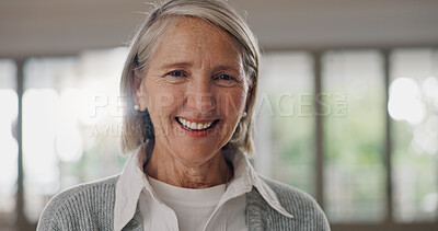 Buy stock photo Portrait, house and senior woman with smile, retirement and cheerful with confidence in living room. Nursery home, pensioner and elderly person with pride, happiness and calm with weekend break