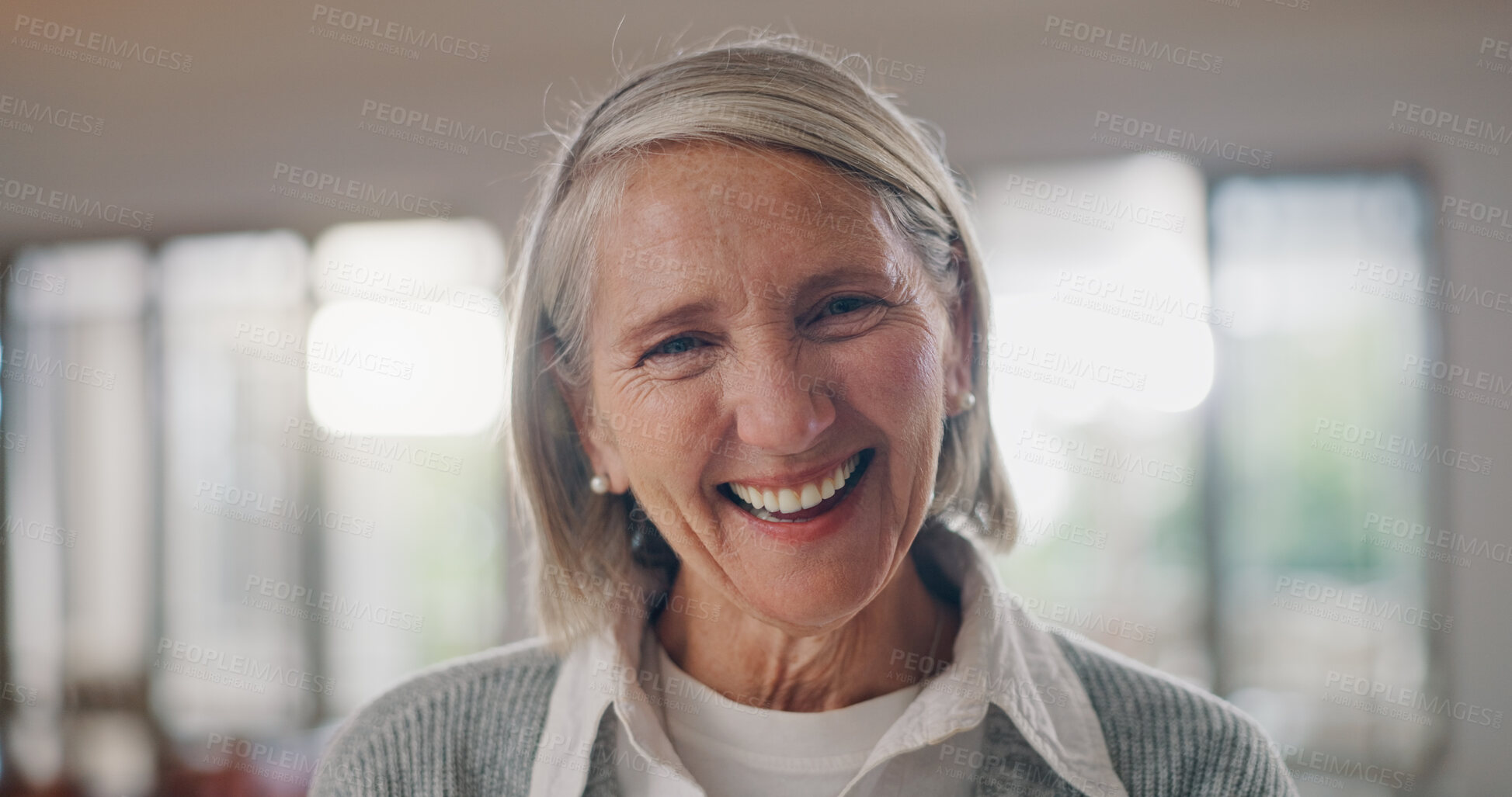 Buy stock photo Mature, portrait and happy woman with joy for retirement, pension or positive attitude at home. Senior, female person or pensioner with smile for holiday, weekend or break in happiness at house
