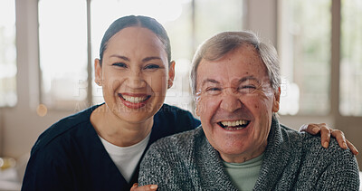 Buy stock photo Happy, portrait and nurse with senior man in retirement home for healthcare consultation. Smile, hug and Asian caregiver with elderly male patient for medical routine checkup at assisted living.