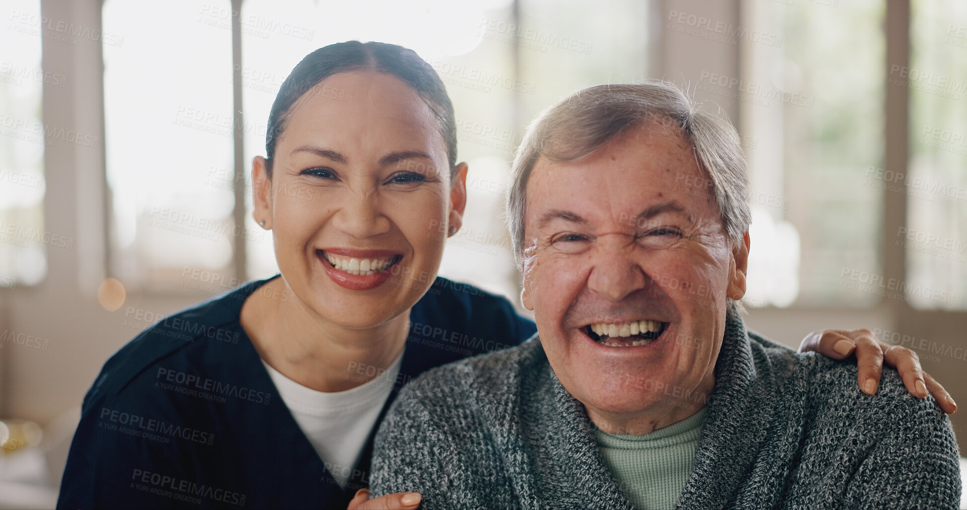 Buy stock photo Happy, portrait and nurse with senior man in retirement home for healthcare consultation. Smile, hug and Asian caregiver with elderly male patient for medical routine checkup at assisted living.