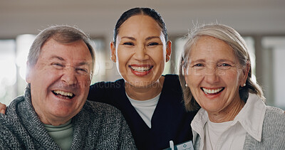 Buy stock photo Elderly couple, smile and portrait with nurse in house for medical, service and support in retirement. Happy, caregiver and man with women in nursing home for healthcare, assistance and consultation