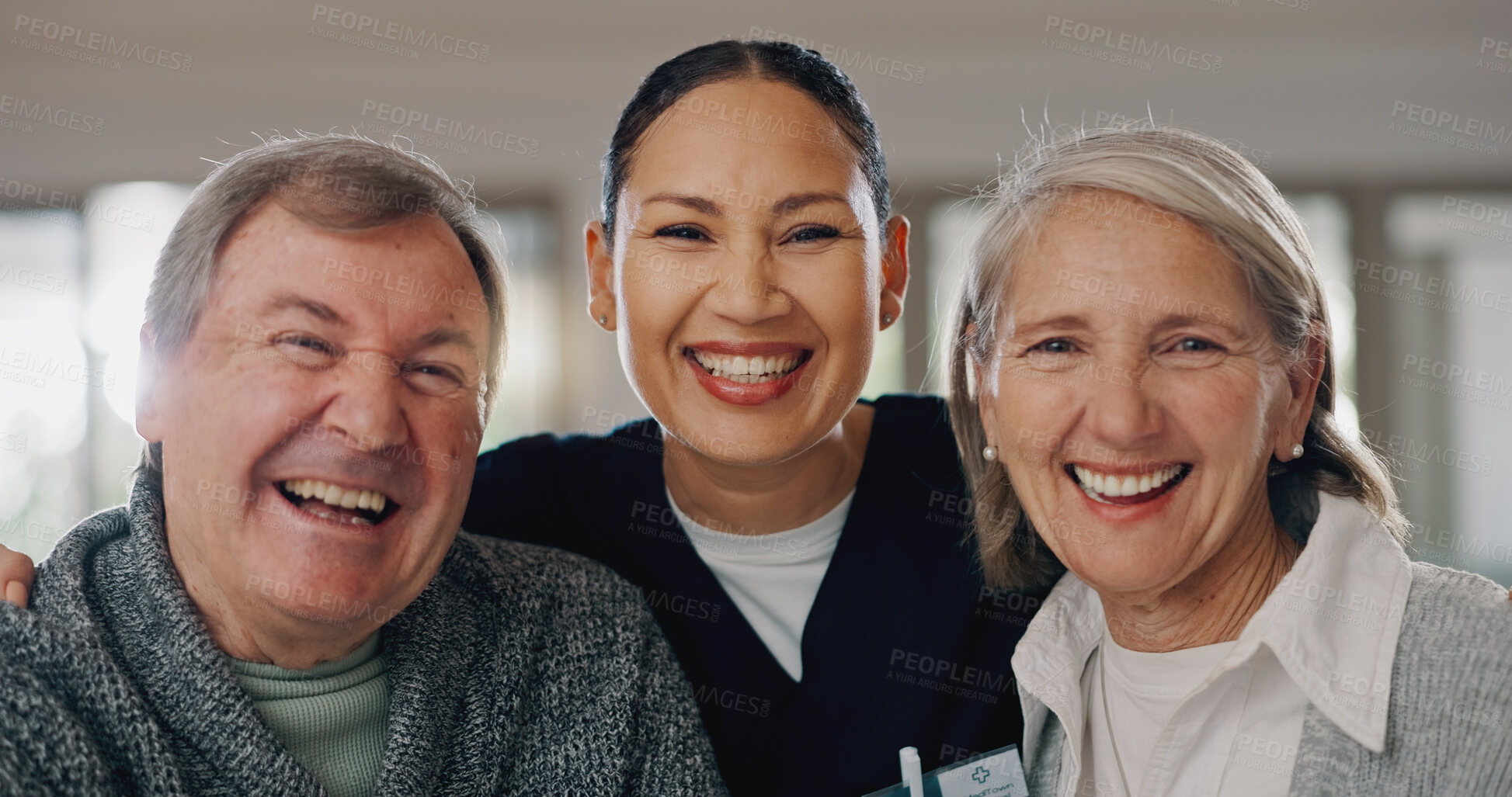 Buy stock photo Elderly couple, smile and portrait with nurse in house for medical, service and support in retirement. Happy, caregiver and man with women in nursing home for healthcare, assistance and consultation