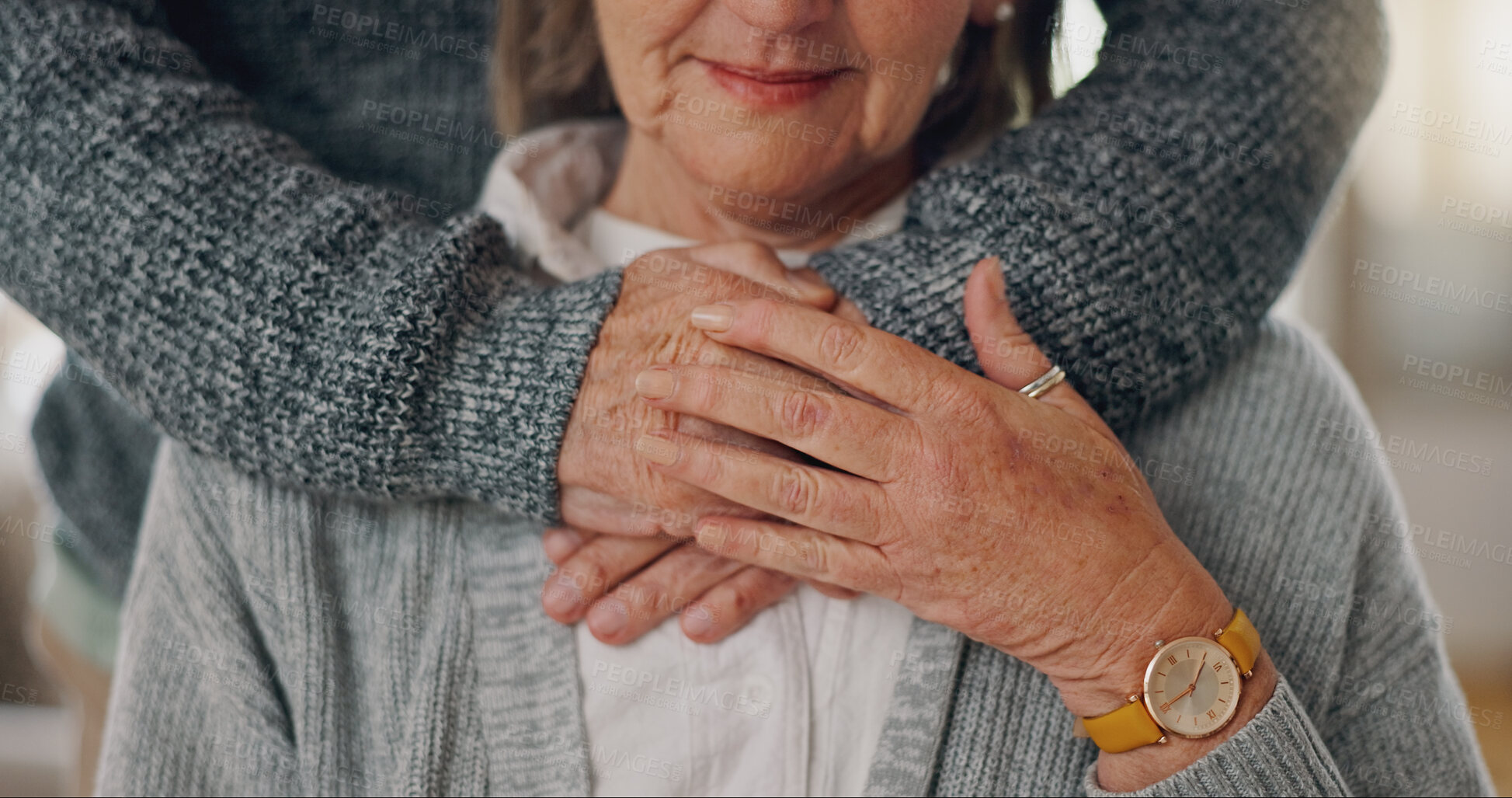 Buy stock photo Hands, hug and senior man with wife in home for comfort, bonding and love in marriage together. Care, empathy and closeup of elderly person embracing woman for connection in relationship at house.