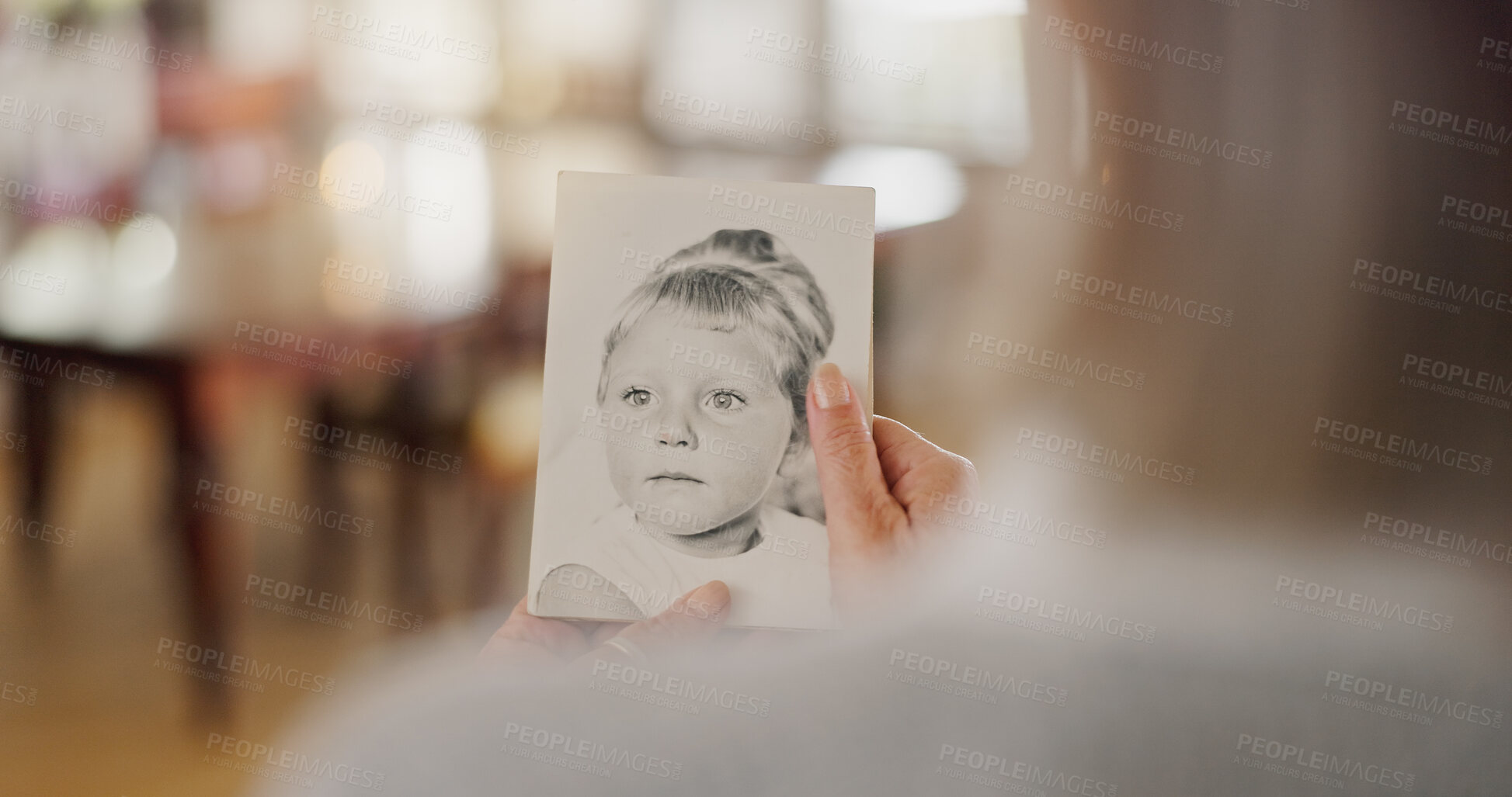 Buy stock photo Hand, history and senior woman with picture frame for mourning, loss or grief with history in house. Comfort, nostalgia and elderly female person with photo for reflection or remembrance in home.