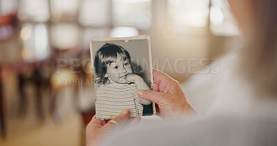 Buy stock photo Hand, reflection and senior woman with picture frame for mourning, loss or grief with history in house. Comfort, nostalgia and elderly person with photo for memory or remembrance in retirement home.