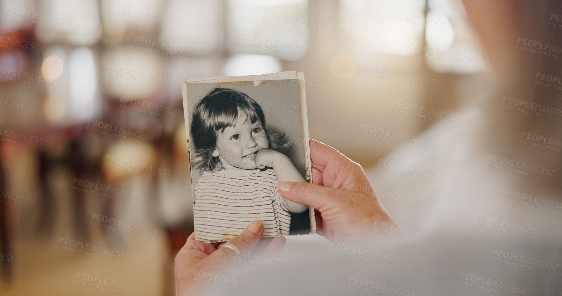 Buy stock photo Hand, reflection and senior woman with picture frame for mourning, loss or grief with history in house. Comfort, nostalgia and elderly person with photo for memory or remembrance in retirement home.