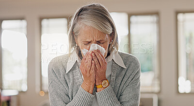 Buy stock photo Senior woman, tissue and blowing nose in home, sick and retirement with flu, cold or sinus in morning. Elderly person, paper and cleaning for hygiene, allergies or sneeze with hay fever at apartment