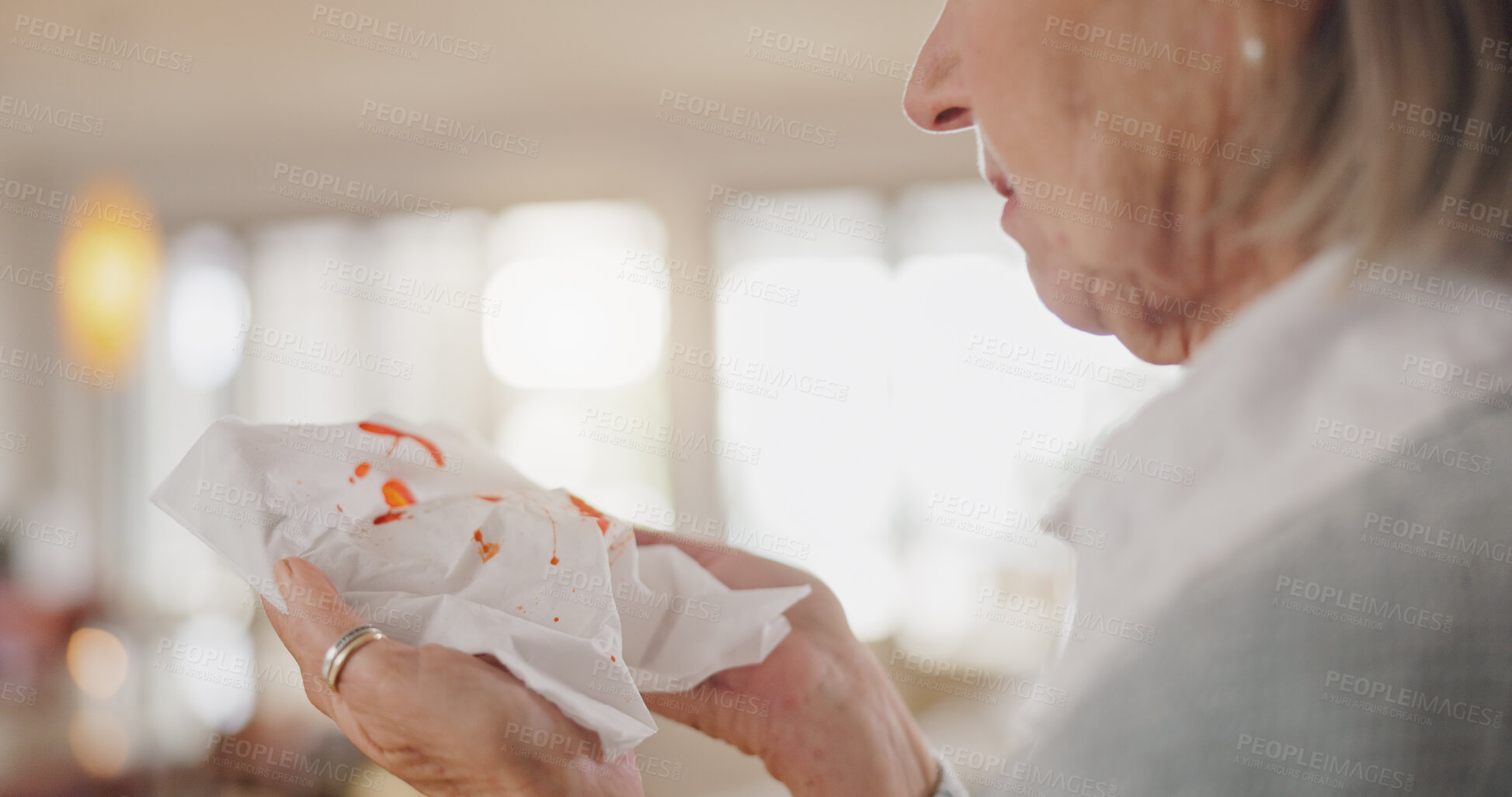 Buy stock photo Elderly woman, hands and tissue with blood at home for respiratory crisis, bacteria or chronic disease. Healthcare, problem and senior person with paper in house for tuberculosis, illness or bleeding