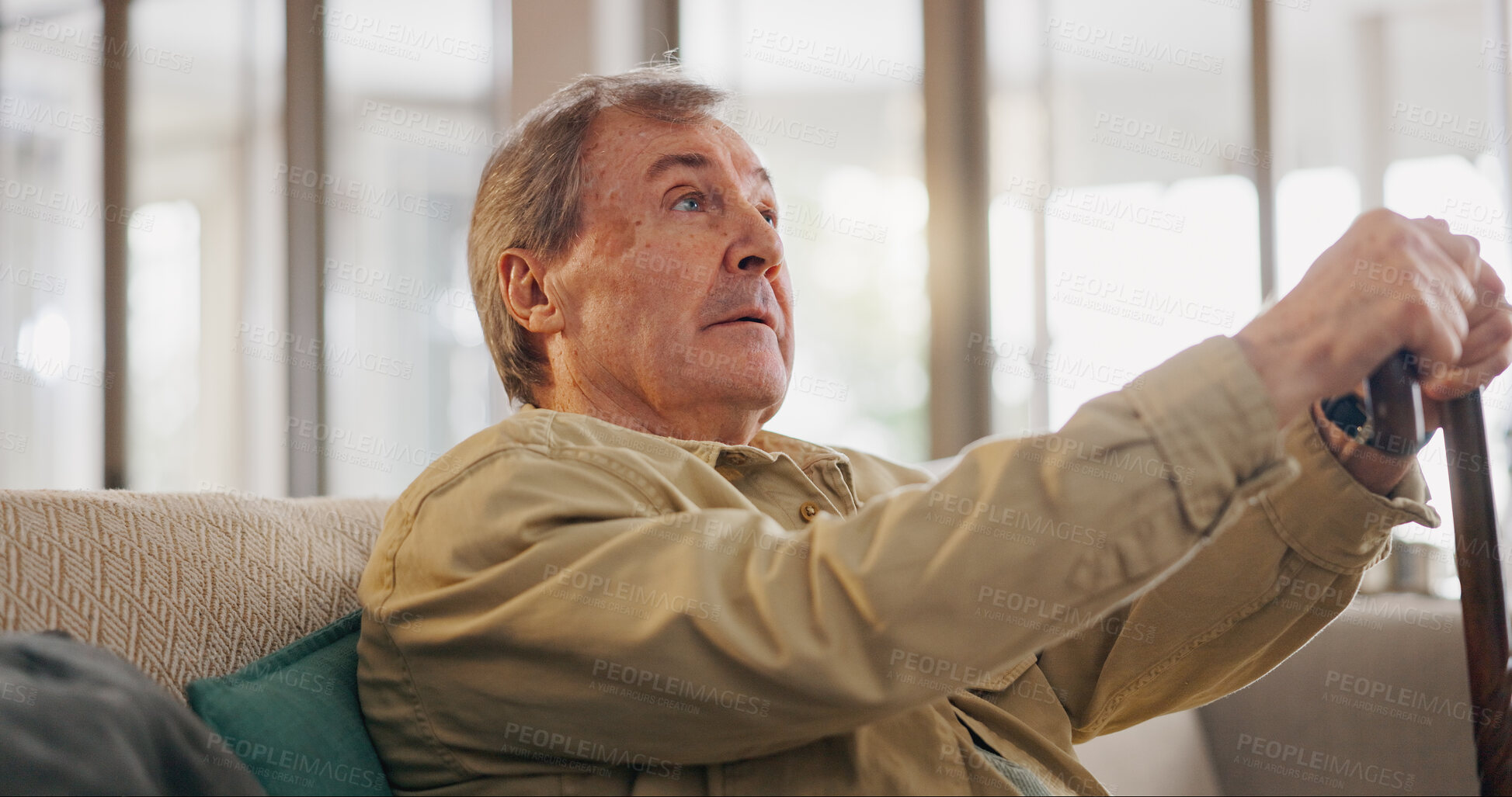 Buy stock photo Walking stick, thinking and senior man with dementia in nursing home with sickness. Alzheimers, cane and elderly male person with disability in retirement for medical assisted living facility