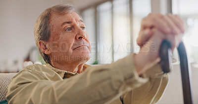 Buy stock photo Walking stick, ideas and senior man in home with dementia in nursing home with sickness. Alzheimers, cane and elderly male person with disability in retirement for medical assisted living facility.