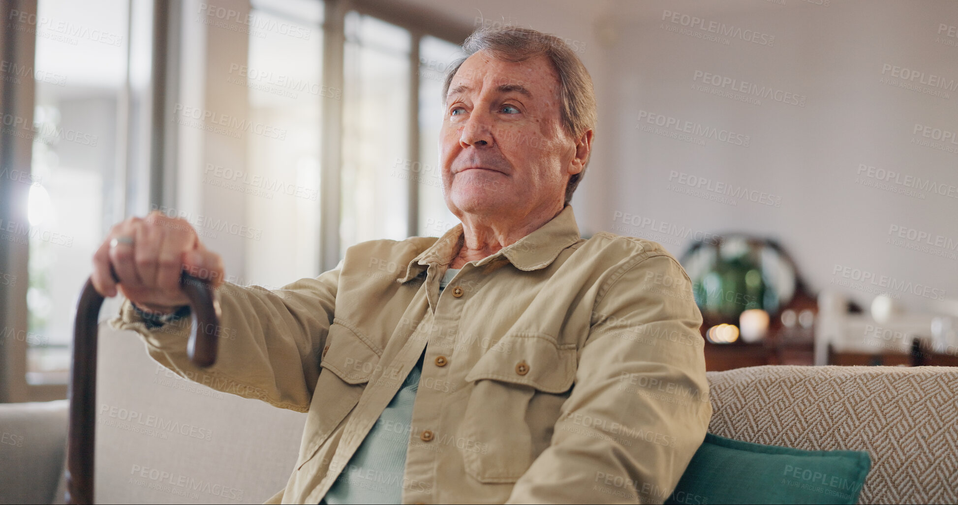 Buy stock photo Walking stick, thinking and senior man in house with dementia in nursing home with sickness. Alzheimers, cane and elderly person with disability in retirement for medical assisted living facility.