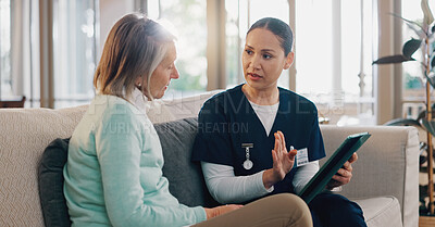 Buy stock photo Tablet, discussion and nurse with senior woman in home for medical consultation on sofa together. Digital technology, conversation and caregiver explain diagnosis to elderly female patient at house.