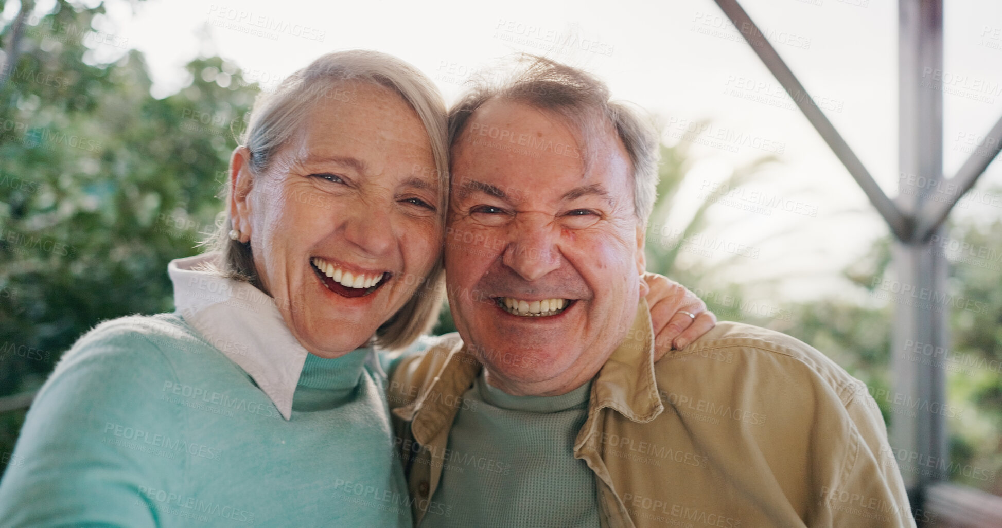 Buy stock photo Senior couple, selfie and happy with hug, love and connection in portrait on patio in summer. Elderly man, woman and excited for memory, embrace and bonding with photography at house in Germany