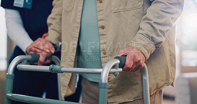 Buy stock photo People, hands and walker with support of caregiver for mobility assistance, healthcare and recovery. Medical, service and person with a disability in clinic for rehabilitation at occupational therapy